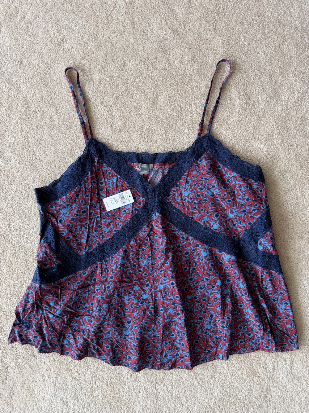 aerie Navy & Burgundy Floral Lace-Trim tank top